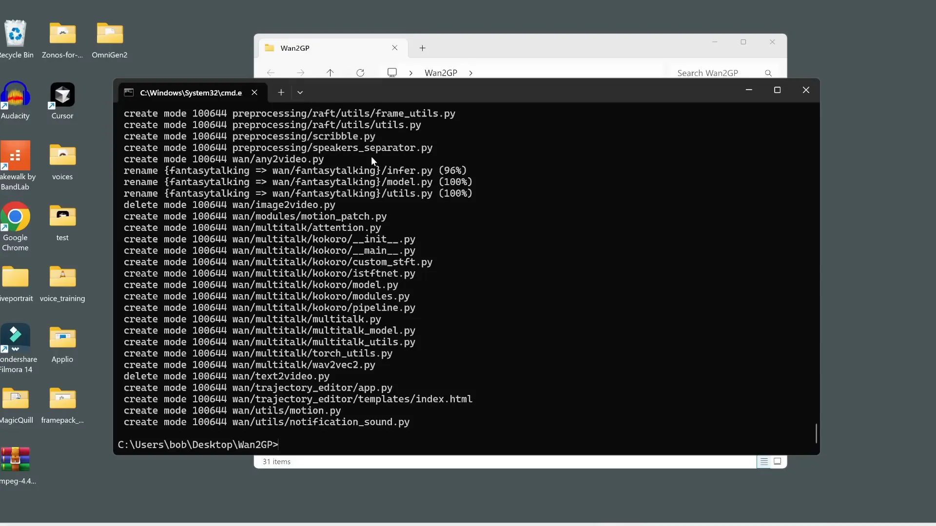 Command prompt showing Wan2GP update and installation