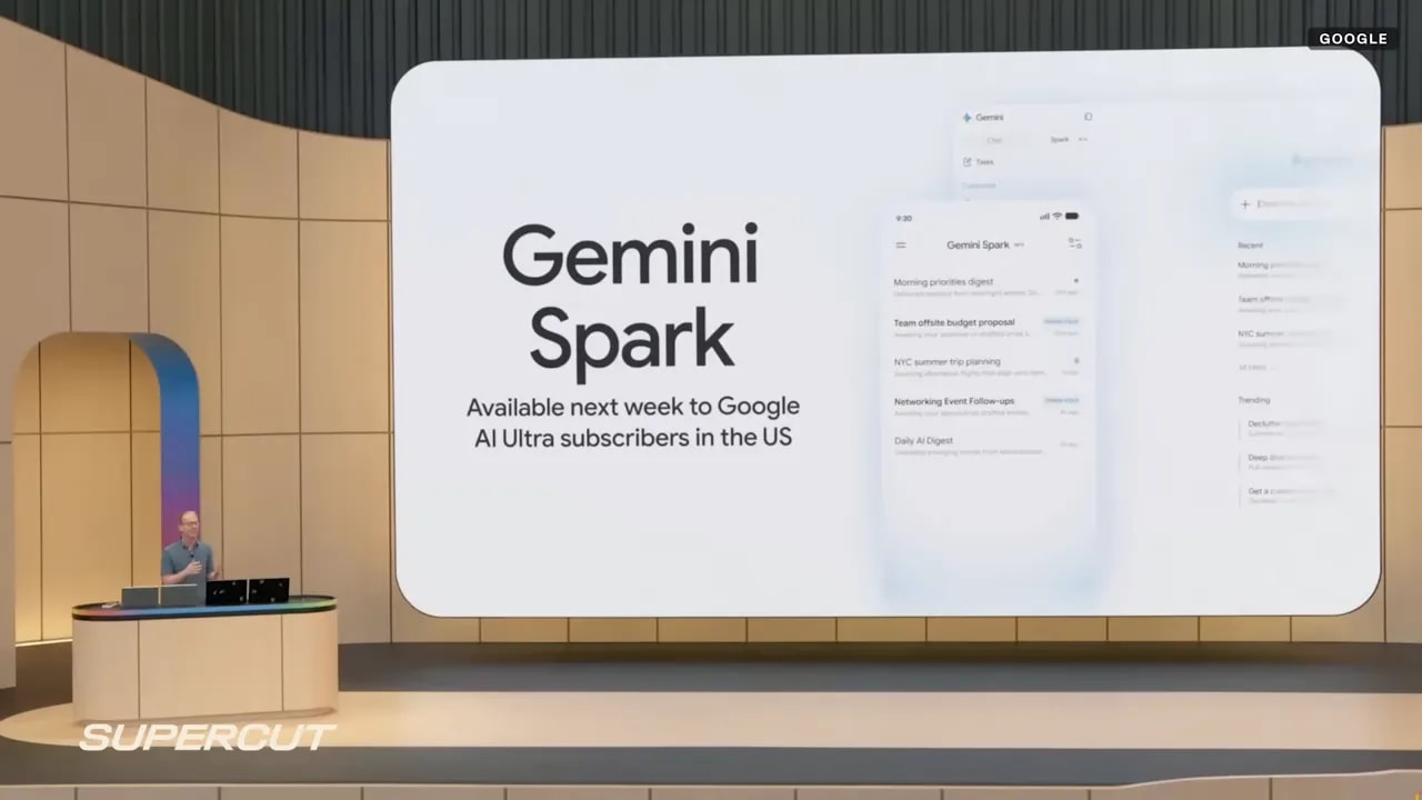 Slide introducing Gemini Spark with interface previews and availability text
