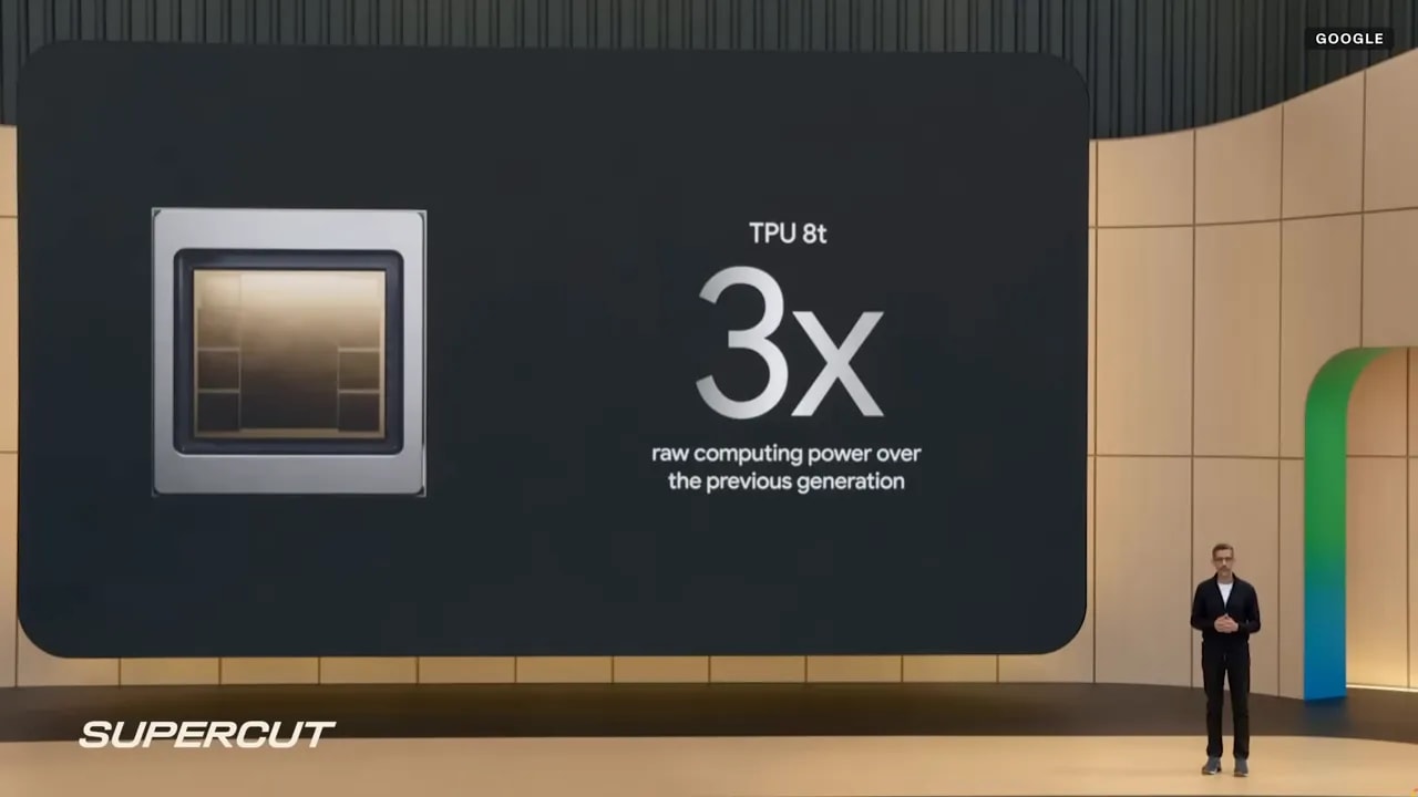 Slide showing TPU 8t with 3x raw computing power over previous generation